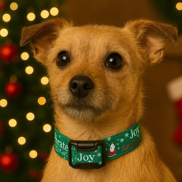 Christmas Dog Collar, Green Holiday Pet Collar, Santa and Reindeer Cotton Collar - Picture 4 of 5